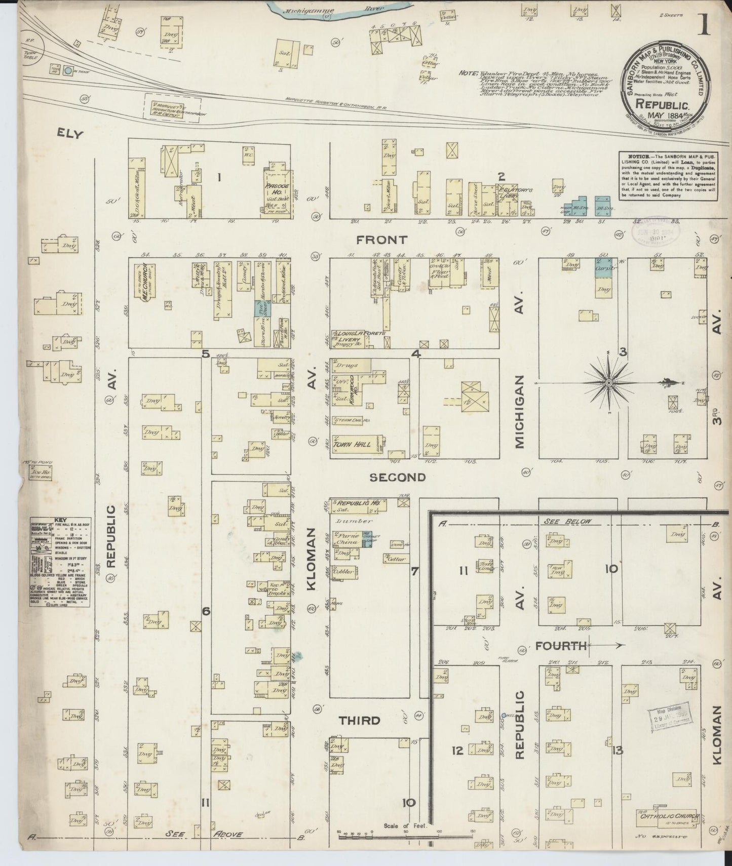 Sanborn Fire Insurance Map from Republic, Marquette County, Michigan (1884), Sheet #0001 - Complete Map Set gallery image, historic Sanborn map, vintage wall art, Michigan Michigan