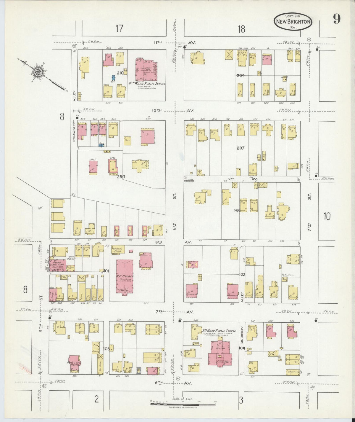 Sanborn Fire Insurance Map from New Brighton, Beaver County, Pennsylvania (1918), Sheet #0009 - Historic Sanborn Fire Insurance Map Print, vintage old map wall art, antique decor, genealogy gift, Pennsylvania Pennsylvania map