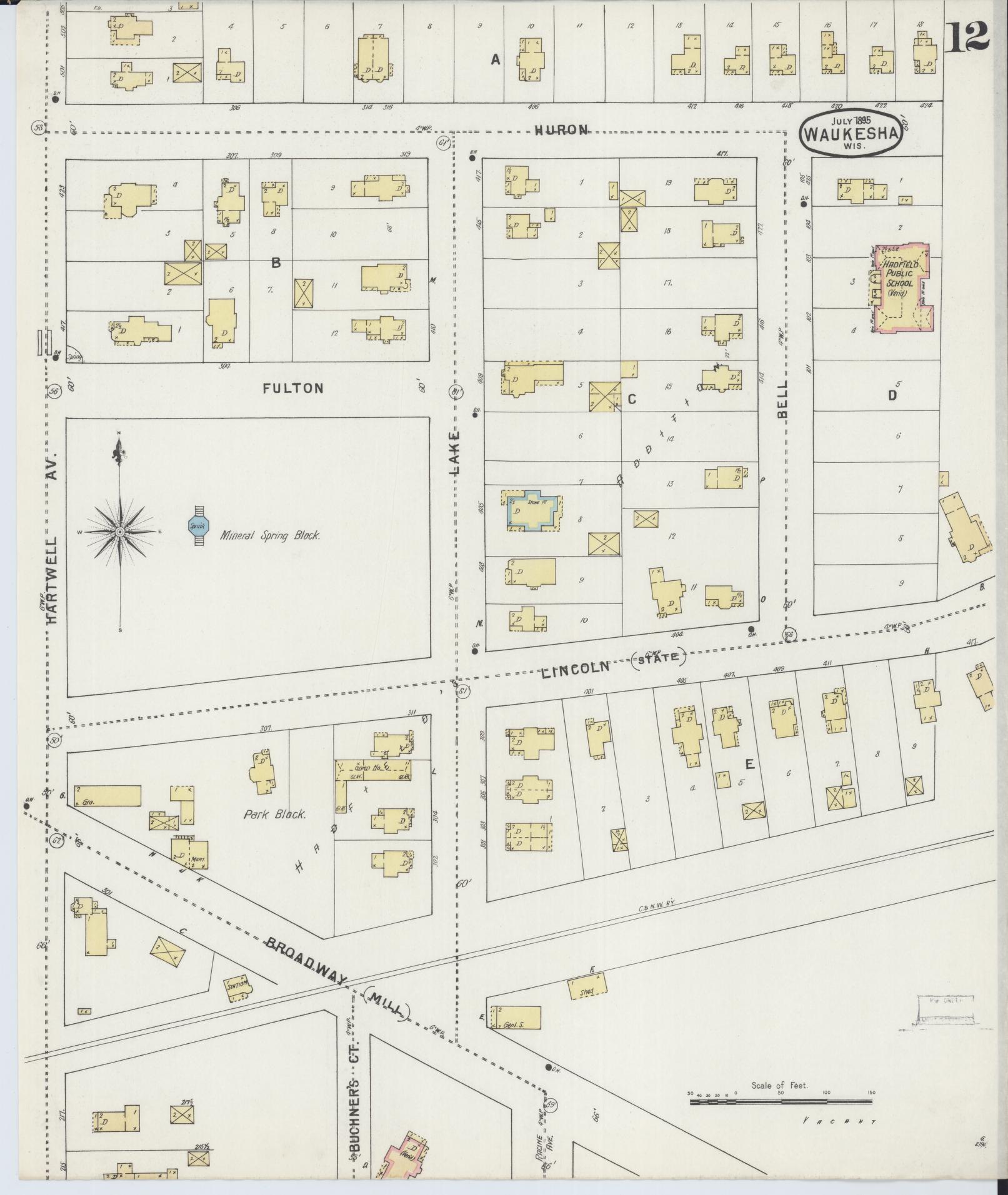 Sanborn Fire Insurance Map from Waukesha, Waukesha County, Wisconsin (1895), Sheet #0012 - Complete Map Set gallery image, historic Sanborn map, vintage wall art, Wisconsin Wisconsin