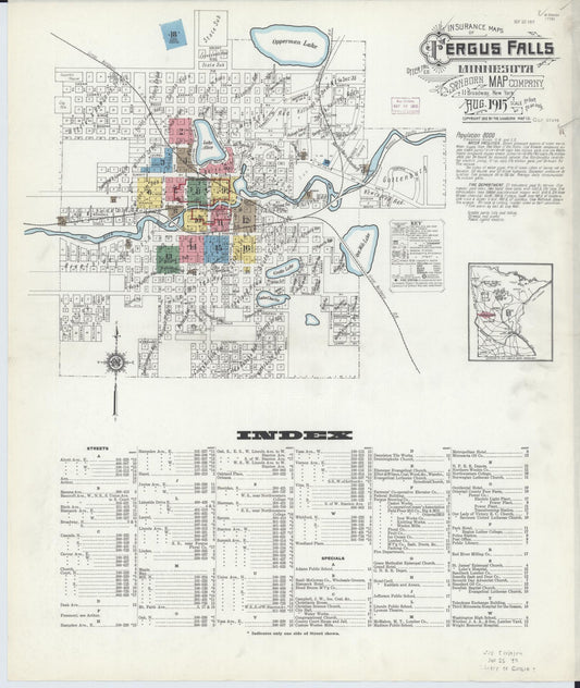 Sanborn Fire Insurance Map from Fergus Falls, Otter Tail County, Minnesota (1915), Sheet #0001 - Historic Sanborn Fire Insurance Map Print, vintage old map wall art, antique decor, genealogy gift, Minnesota Minnesota map