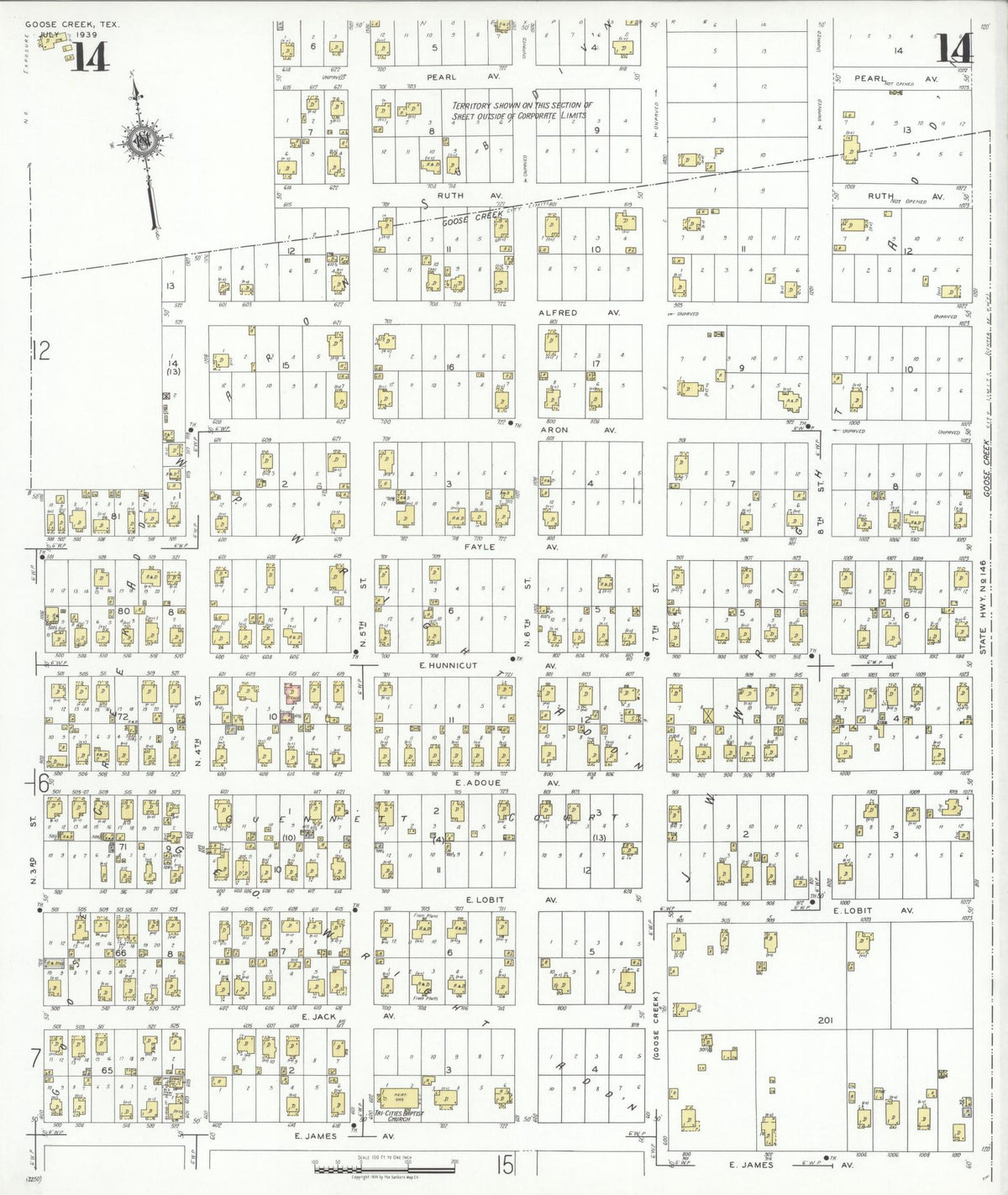 Sanborn Fire Insurance Map from Goose Creek, Harris County, Texas (1939), Sheet #0014 - Complete Map Set gallery image, historic Sanborn map, vintage wall art, Texas Texas