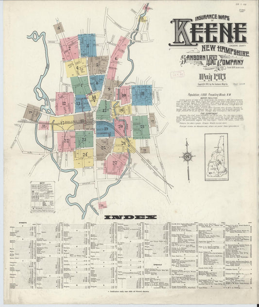 Sanborn Fire Insurance Map from Keene, Cheshire County, New Hampshire (1913), Sheet #0001 - Historic Sanborn Fire Insurance Map Print, vintage old map wall art, antique decor, genealogy gift, New Hampshire New Hampshire map