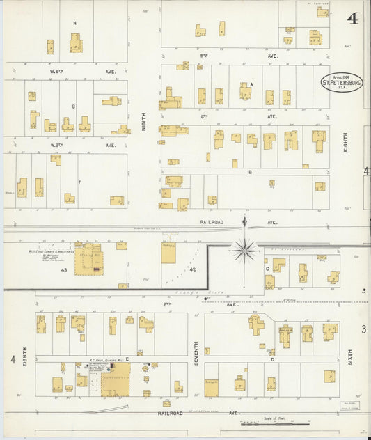 Sanborn Fire Insurance Map from Saint Petersburg, Pinellas County, Florida (1904), Sheet #0004 - Historic Sanborn Fire Insurance Map Print, vintage old map wall art, antique decor, genealogy gift, Florida Florida map
