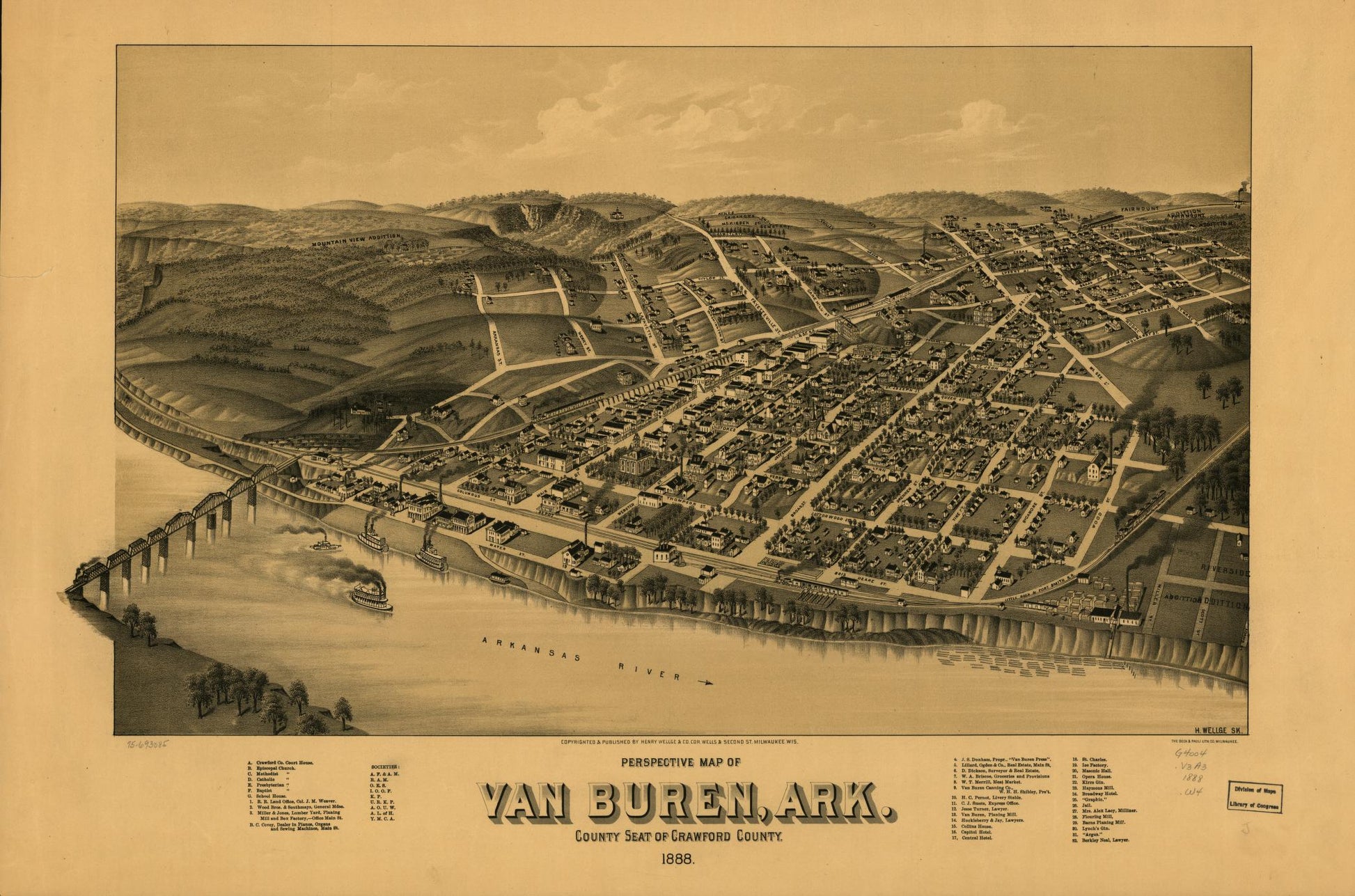 Perspective map of Van Buren, Ark. county seat of Crawford County 1888. (1888) – Historic Bird’s-Eye View Panorama Print