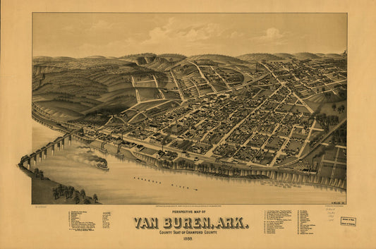Perspective map of Van Buren, Ark. county seat of Crawford County 1888. (1888) – Historic Bird’s-Eye View Panorama Print