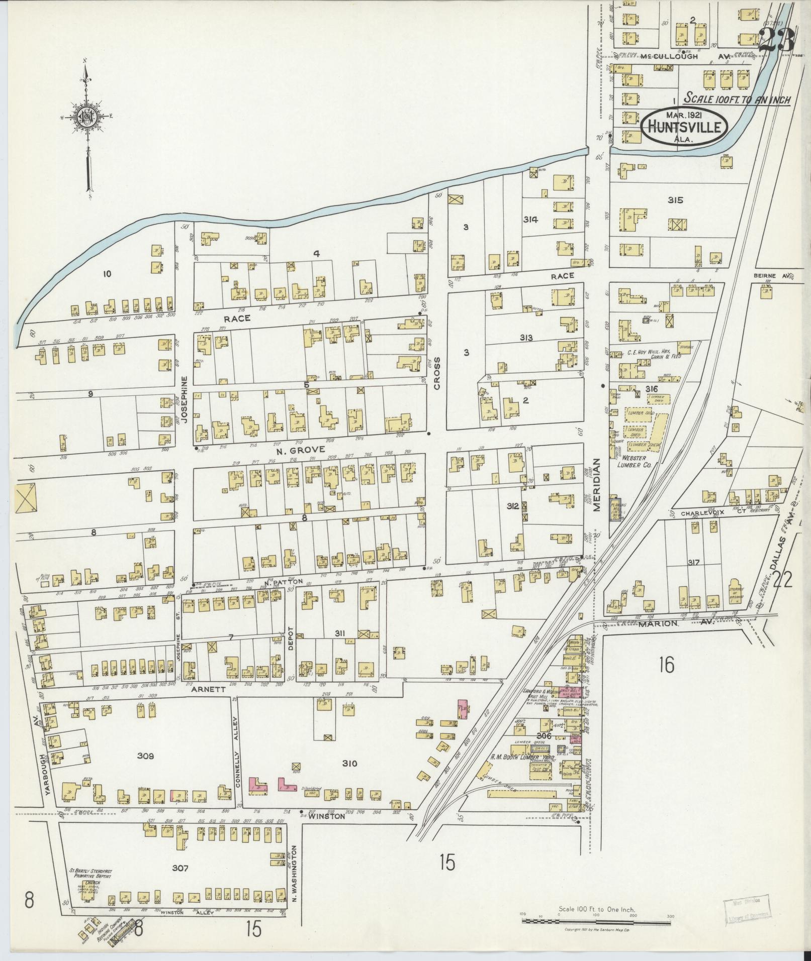 Sanborn Fire Insurance Map from Huntsville, Madison County, Alabama (1921), Sheet #0023 - Complete Map Set gallery image, historic Sanborn map, vintage wall art, Alabama Alabama