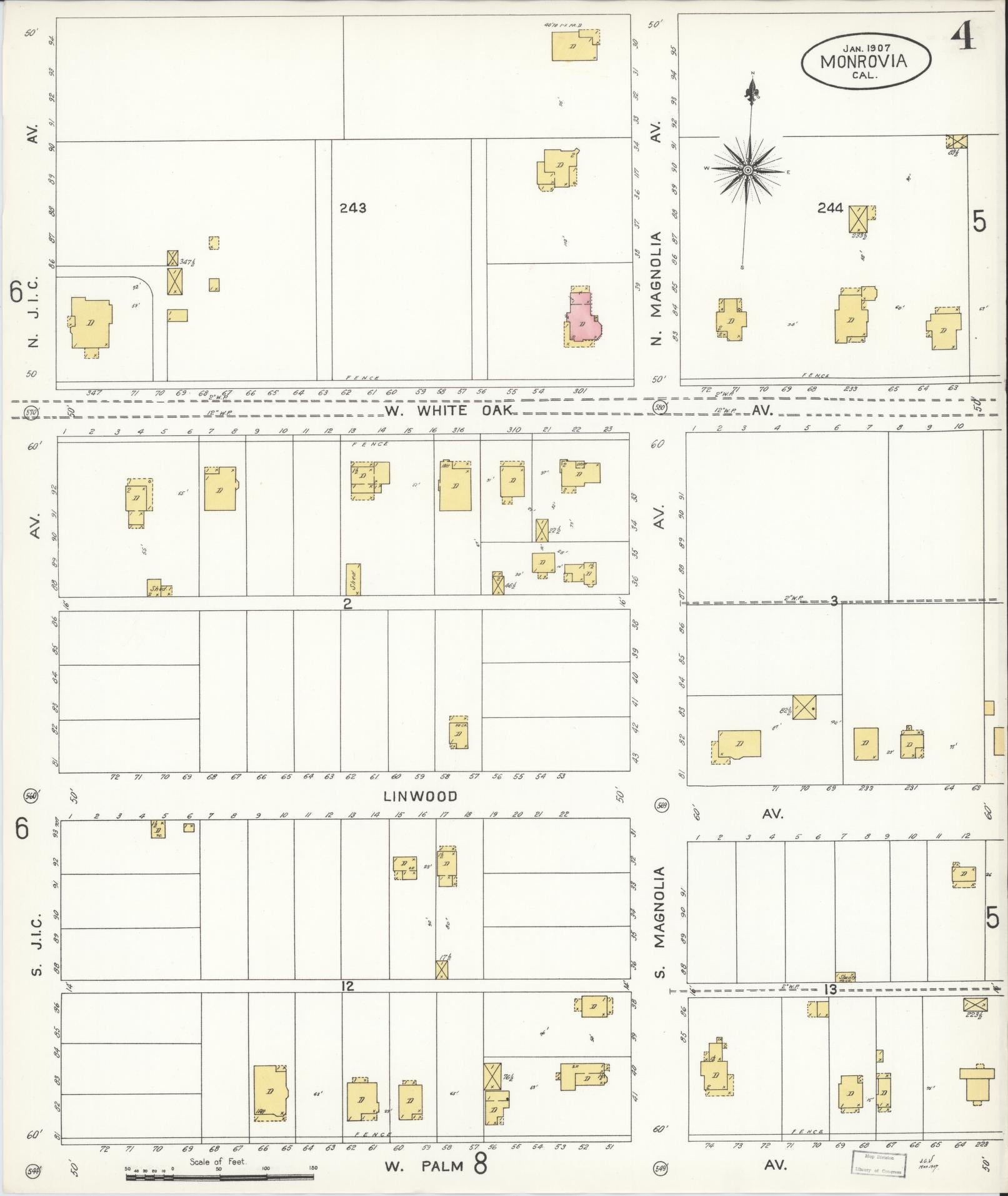 Sanborn Fire Insurance Map from Monrovia, Los Angeles County, California (1907), Sheet #0004 - Historic Sanborn Fire Insurance Map Print, vintage old map wall art, antique decor, genealogy gift, California California map