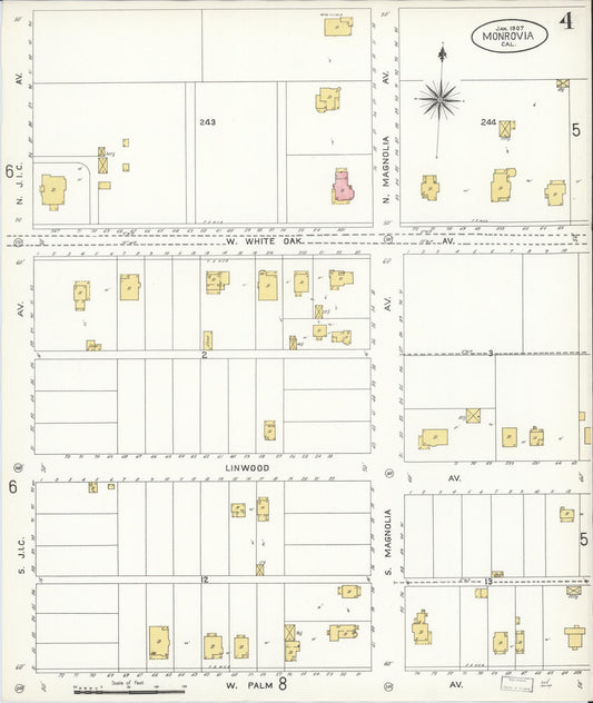 Sanborn Fire Insurance Map from Monrovia, Los Angeles County, California (1907), Sheet #0004 - Historic Sanborn Fire Insurance Map Print, vintage old map wall art, antique decor, genealogy gift, California California map