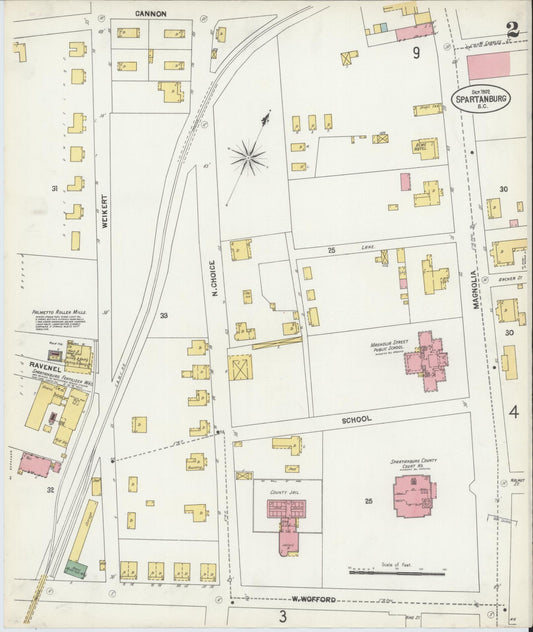 Sanborn Fire Insurance Map from Spartanburg, Spartanburg County, South Carolina (1902), Sheet #0002 - Historic Sanborn Fire Insurance Map Print, vintage old map wall art, antique decor, genealogy gift, South Carolina South Carolina map