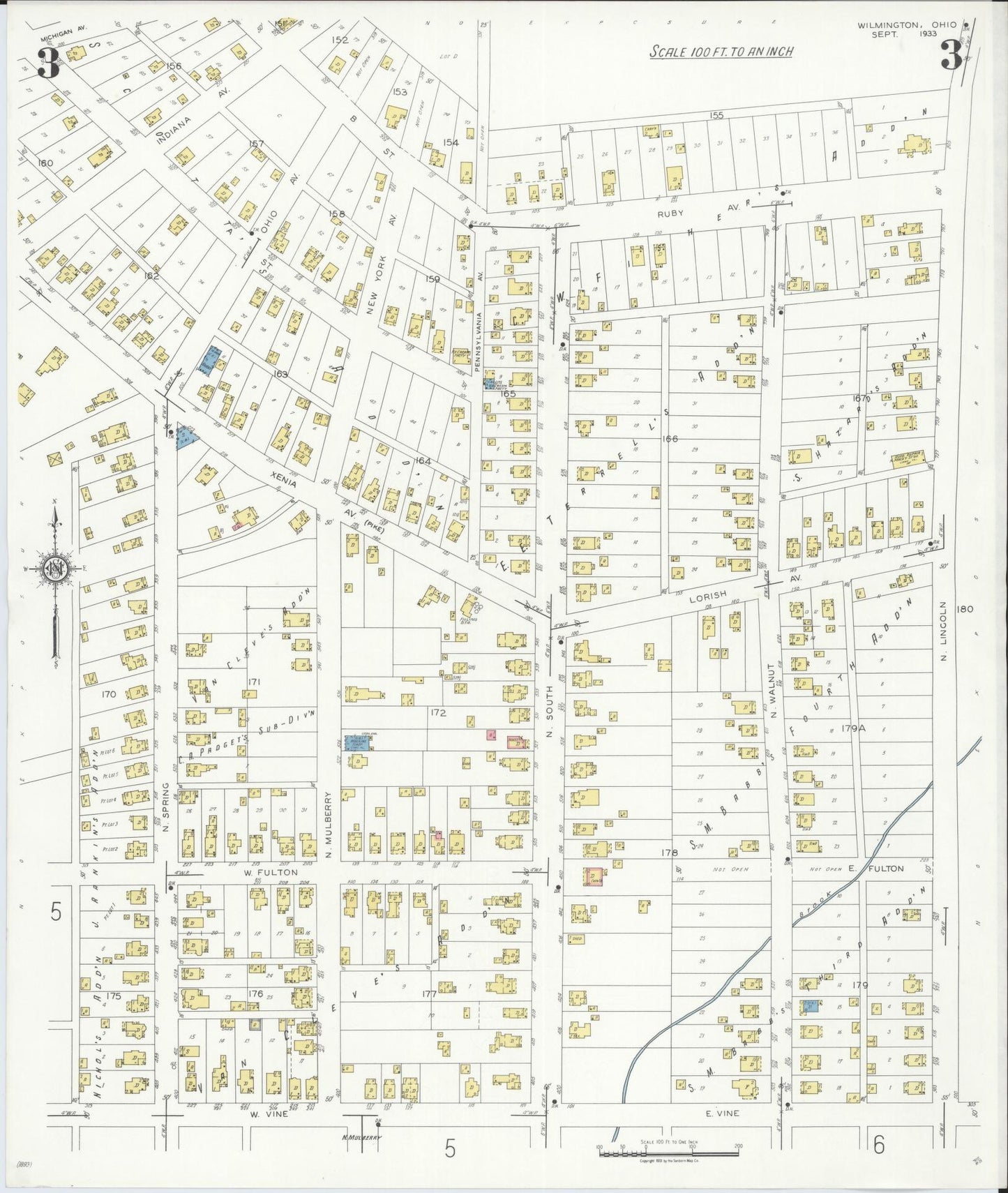 Sanborn Fire Insurance Map from Wilmington, Clinton County, Ohio (1933), Sheet #0003 - Historic Sanborn Fire Insurance Map Print, vintage old map wall art, antique decor, genealogy gift, Ohio Ohio map