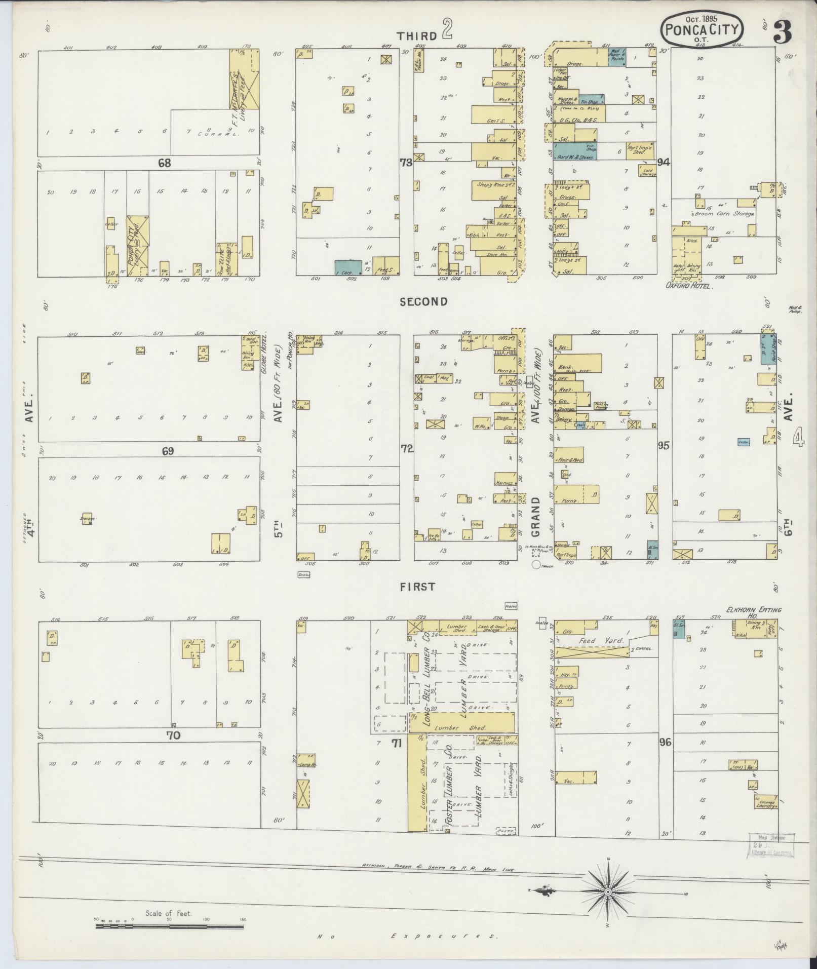 Sanborn Fire Insurance Map from Ponca City, Kay County, Oklahoma (1895), Sheet #0003 - Historic Sanborn Fire Insurance Map Print, vintage old map wall art, antique decor, genealogy gift, Oklahoma Oklahoma map