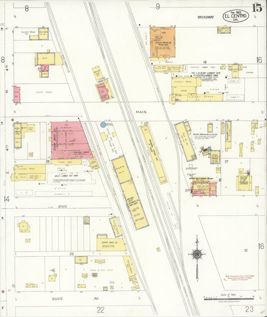 Sanborn Fire Insurance Map from El Centro, Imperial County, California (1922), Sheet #0015 - Historic Sanborn Fire Insurance Map Print, vintage old map wall art, antique decor, genealogy gift, California California map