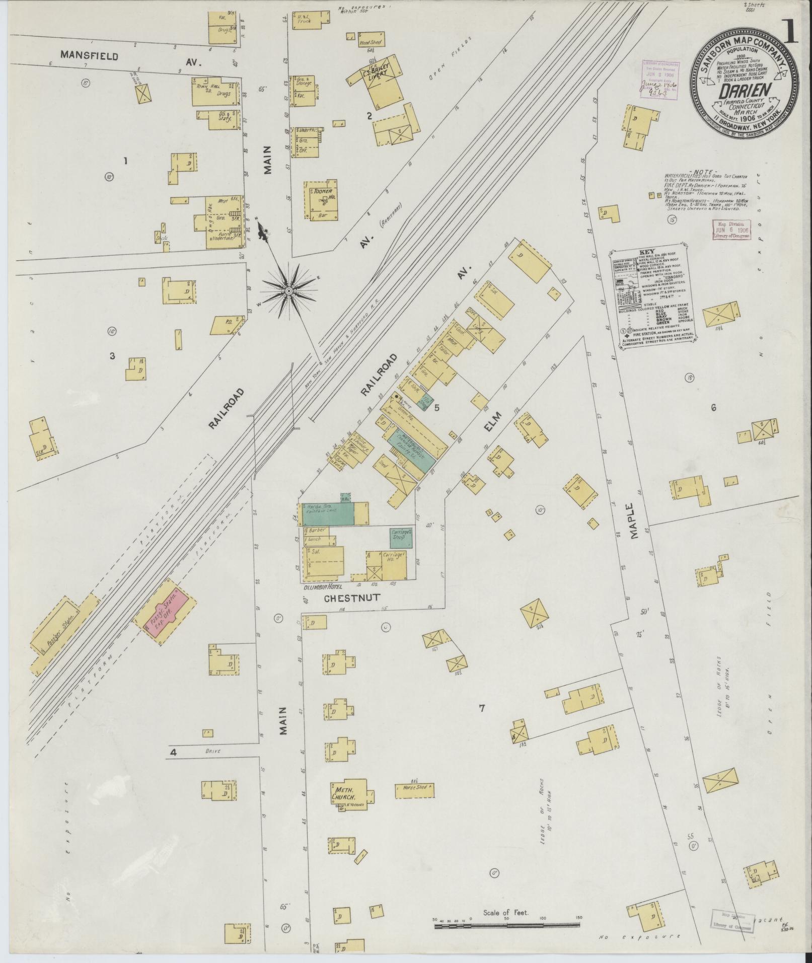 Sanborn Fire Insurance Map from Darien, Fairfield County, Connecticut (1906), Sheet #0001 - Complete Map Set gallery image, historic Sanborn map, vintage wall art, Connecticut Connecticut