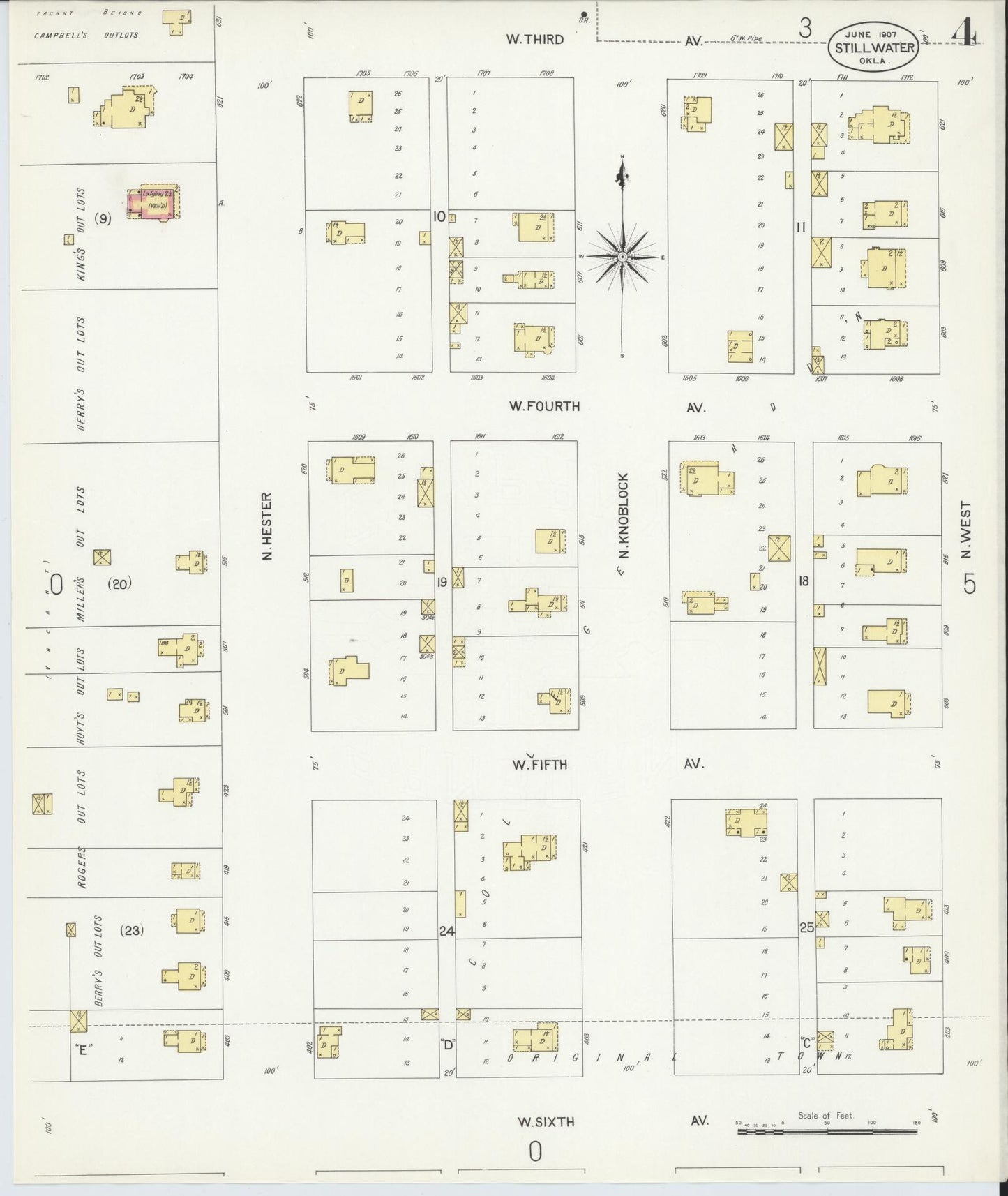 Sanborn Fire Insurance Map from Stillwater, Payne County, Oklahoma (1907), Sheet #0004 - Complete Map Set gallery image, historic Sanborn map, vintage wall art, Oklahoma Oklahoma