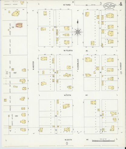 Sanborn Fire Insurance Map from Stillwater, Payne County, Oklahoma (1907), Sheet #0004 - Complete Map Set gallery image, historic Sanborn map, vintage wall art, Oklahoma Oklahoma