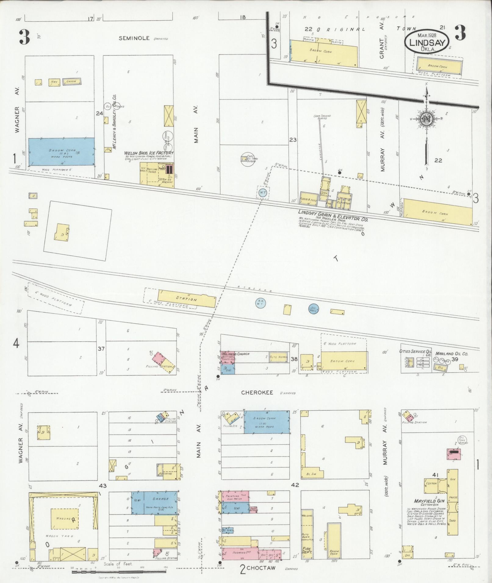 Sanborn Fire Insurance Map from Lindsay, Garvin County, Oklahoma (1928), Sheet #0003 - Complete Map Set gallery image, historic Sanborn map, vintage wall art, Oklahoma Oklahoma
