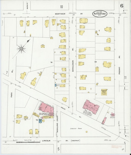 Sanborn Fire Insurance Map from Rutherford, Bergen County, New Jersey (1909), Sheet #0006 - Historic Sanborn Fire Insurance Map Print, vintage old map wall art, antique decor, genealogy gift, New Jersey New Jersey map