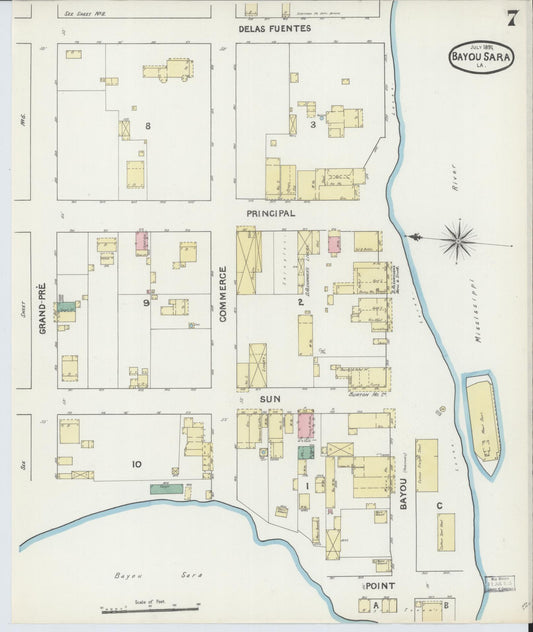 Sanborn Fire Insurance Map from Bayou Sara, West Feliciana Parish, Louisiana (1891), Sheet #0007 - Historic Sanborn Fire Insurance Map Print, vintage old map wall art, antique decor, genealogy gift, Louisiana Louisiana map