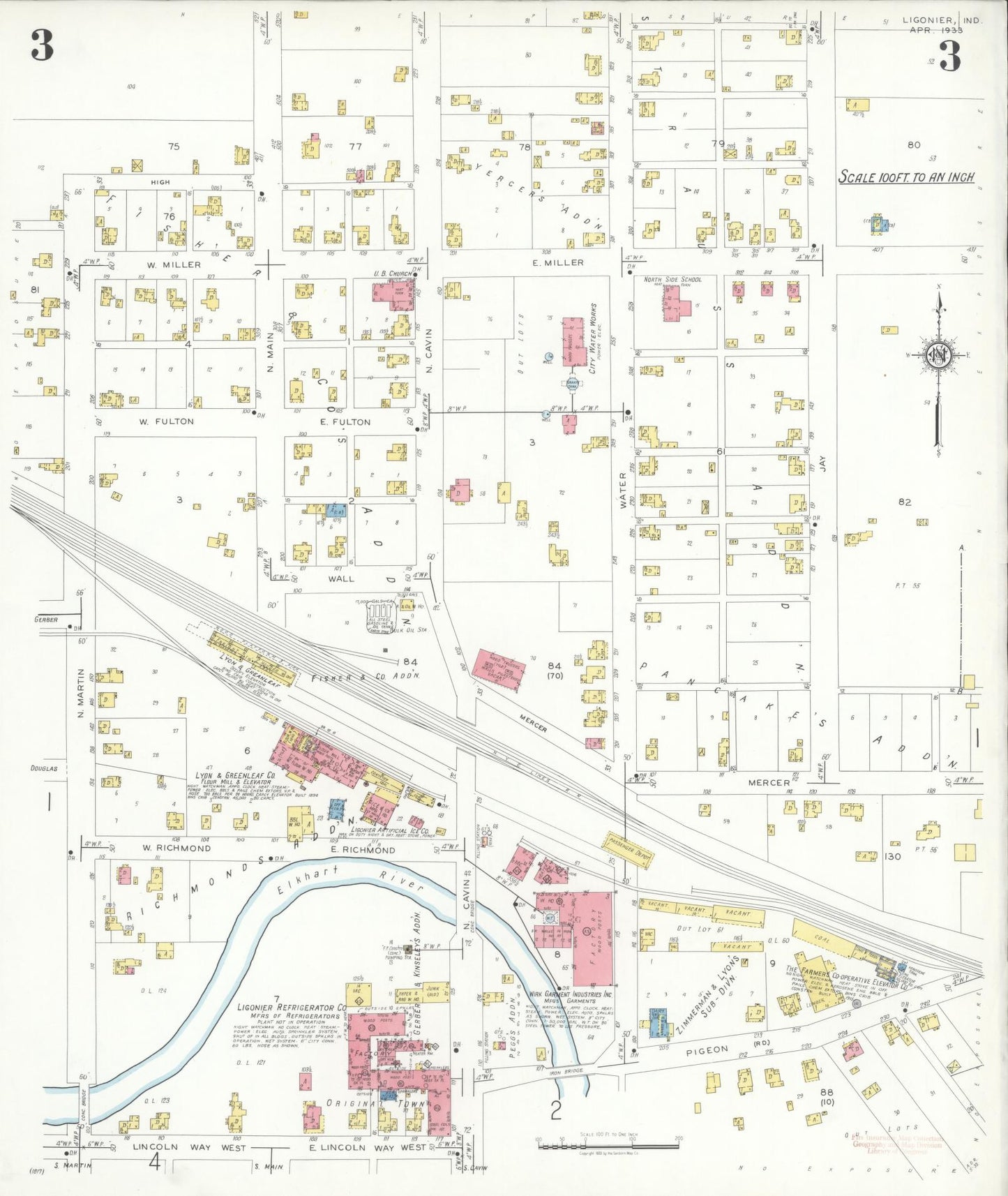 Sanborn Fire Insurance Map from Ligonier, Noble County, Indiana (1933), Sheet #0003 - Complete Map Set gallery image, historic Sanborn map, vintage wall art, Indiana Indiana