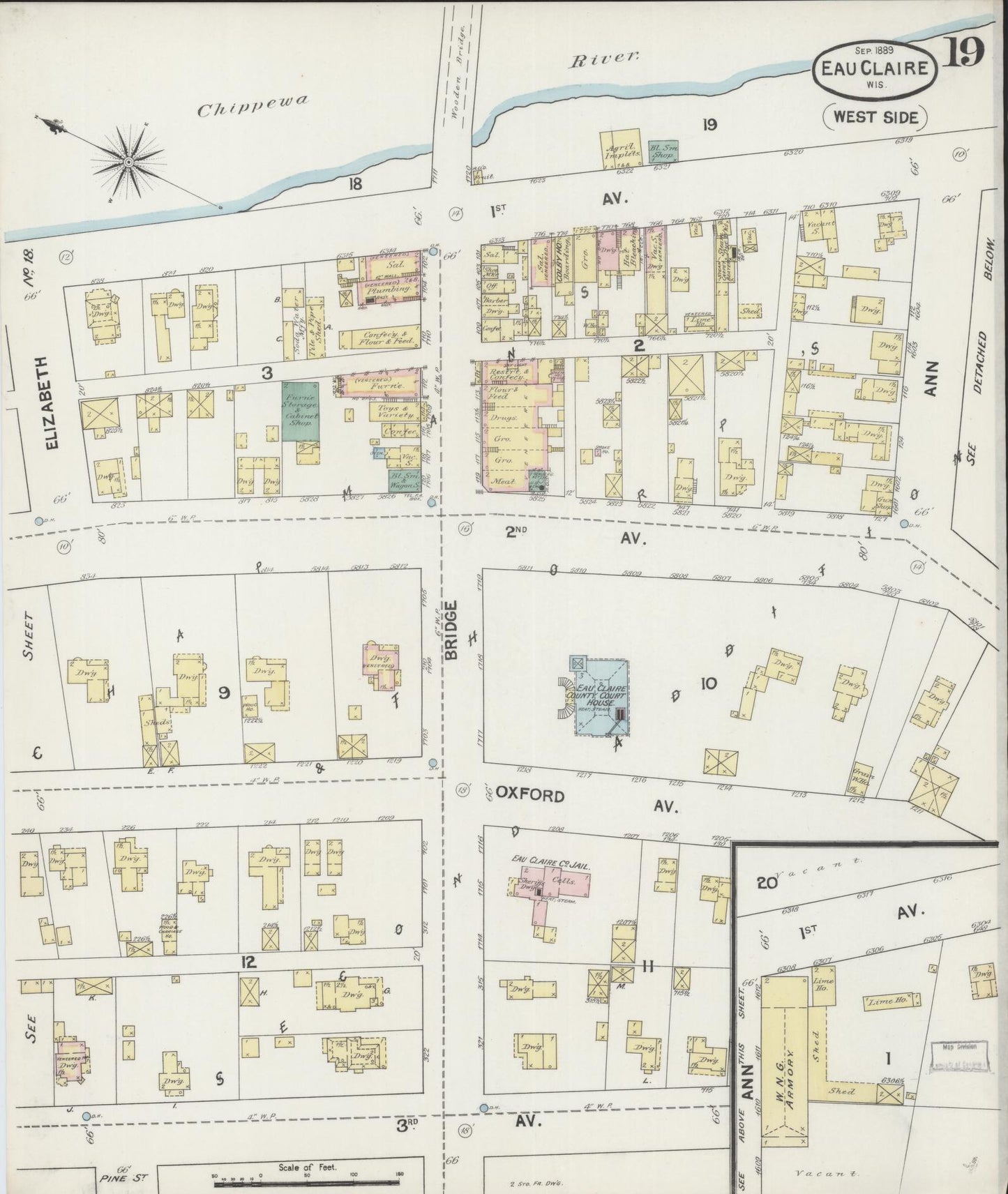 Sanborn Fire Insurance Map from Eau Claire, Eau Claire County, Wisconsin (1889), Sheet #0019 - Complete Map Set gallery image, historic Sanborn map, vintage wall art, Wisconsin Wisconsin