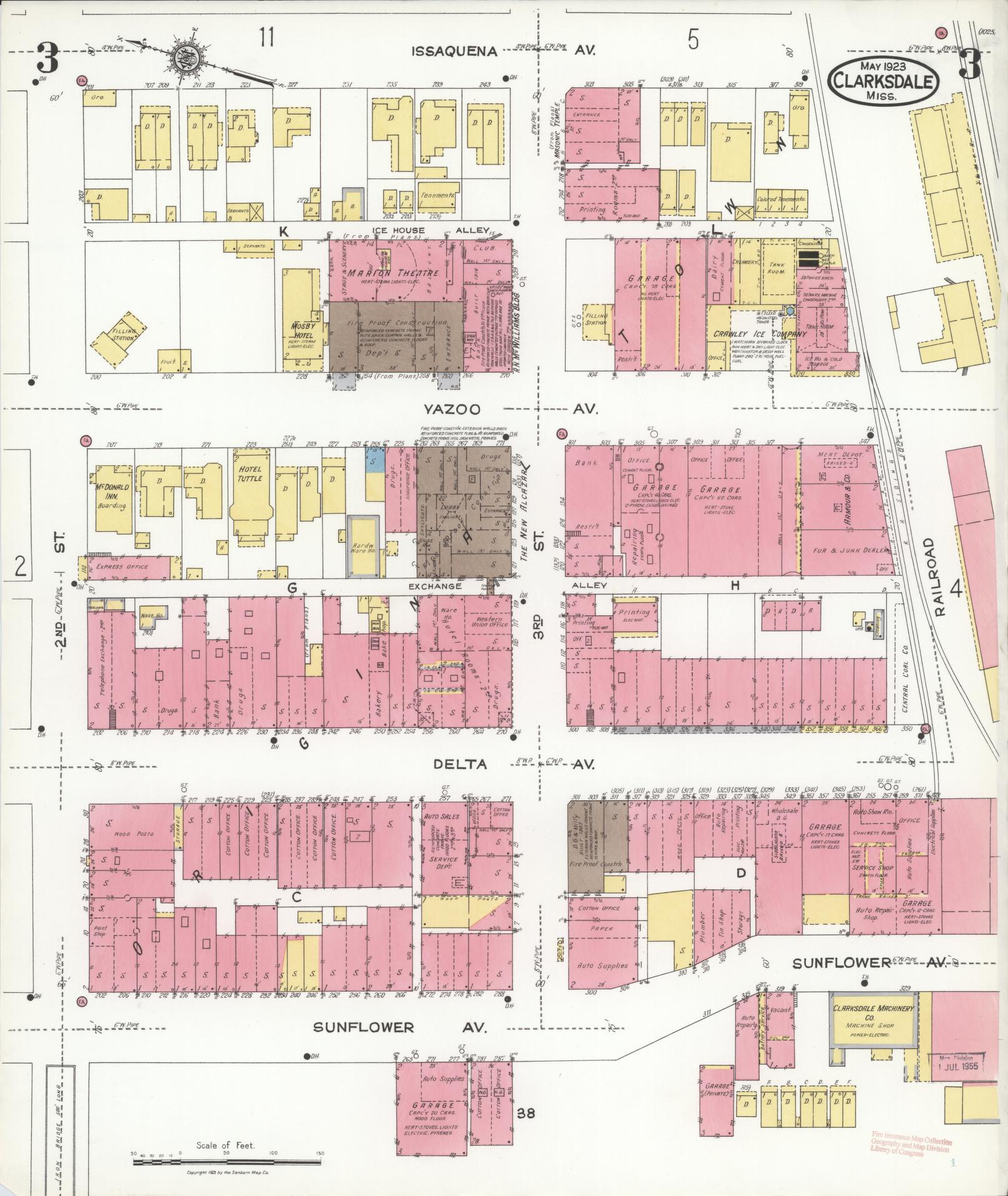 Sanborn Fire Insurance Map from Clarksdale, Coahoma County, Mississippi (1923), Sheet #0003 - Historic Sanborn Fire Insurance Map Print, vintage old map wall art, antique decor, genealogy gift, Mississippi Mississippi map