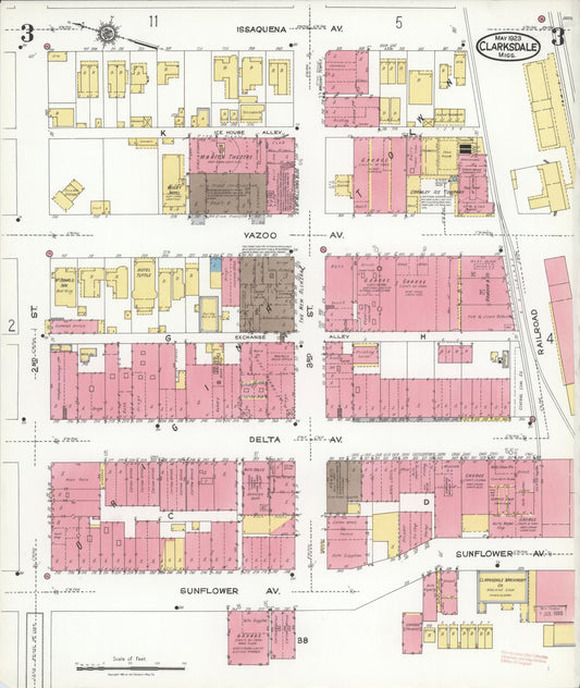 Sanborn Fire Insurance Map from Clarksdale, Coahoma County, Mississippi (1923), Sheet #0003 - Historic Sanborn Fire Insurance Map Print, vintage old map wall art, antique decor, genealogy gift, Mississippi Mississippi map