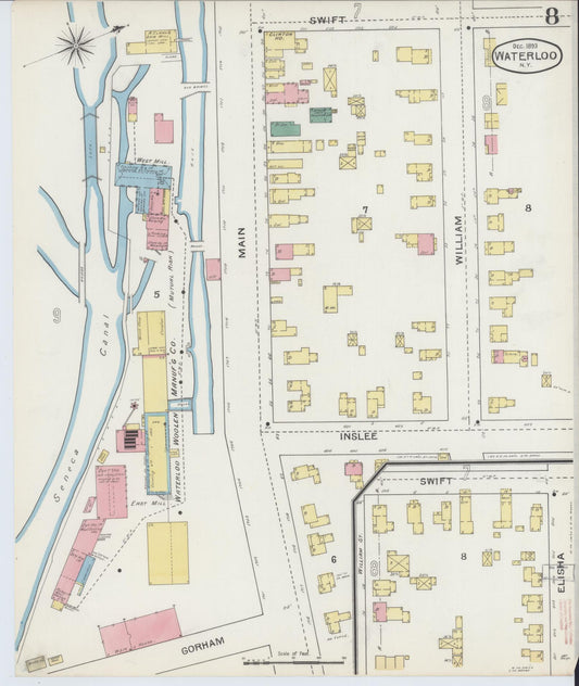 Sanborn Fire Insurance Map from Waterloo, Seneca County, New York (1893), Sheet #0008 - Historic Sanborn Fire Insurance Map Print, vintage old map wall art, antique decor, genealogy gift, New York New York map