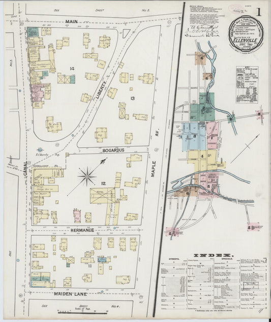Sanborn Fire Insurance Map from Ellenville, Ulster County, New York (1889), Sheet #0001 - Historic Sanborn Fire Insurance Map Print, vintage old map wall art, antique decor, genealogy gift, New York New York map