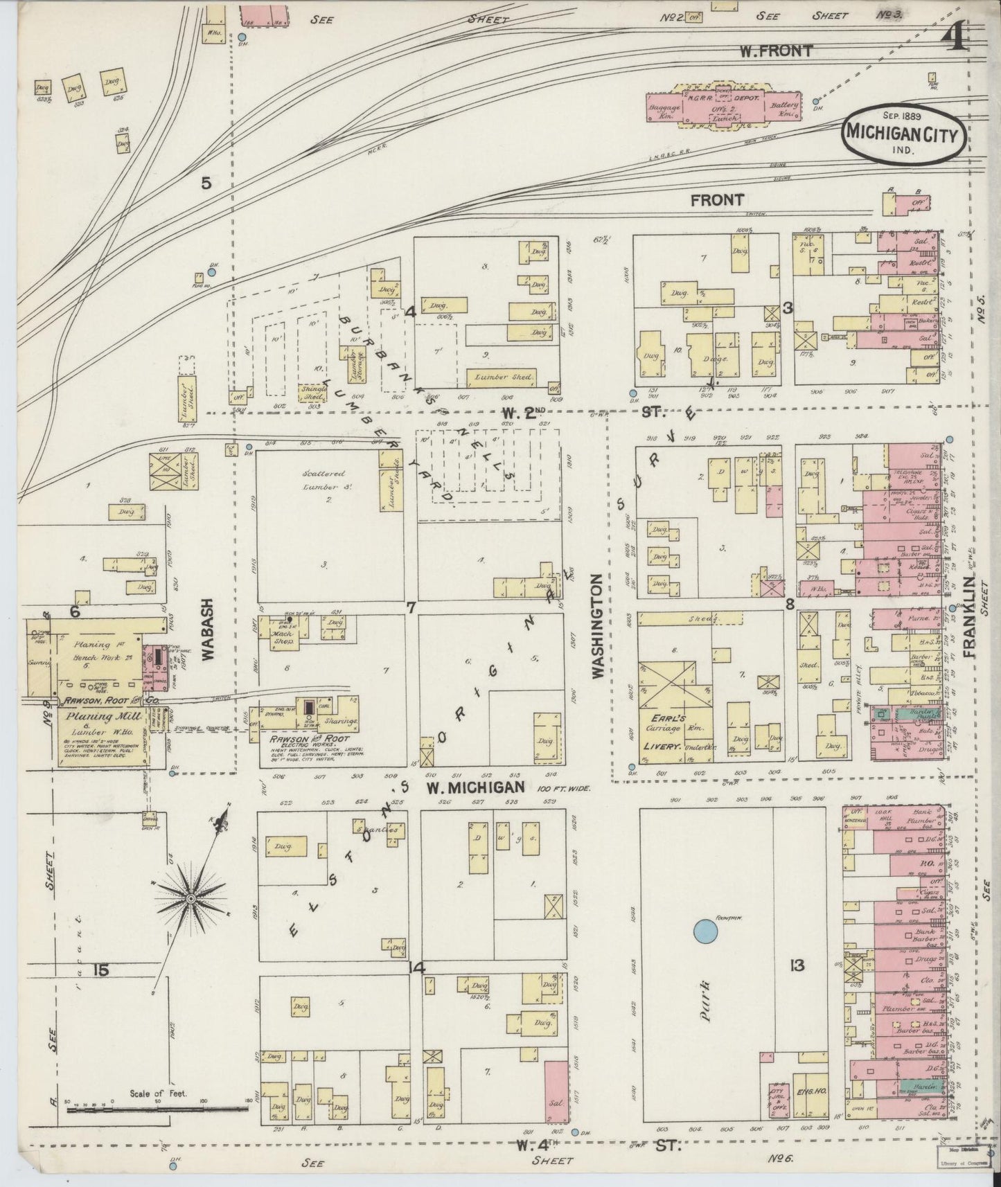 Sanborn Fire Insurance Map from Michigan City, La Porte County, Indiana (1889), Sheet #0004 - Historic Sanborn Fire Insurance Map Print, vintage old map wall art, antique decor, genealogy gift, Michigan Michigan map