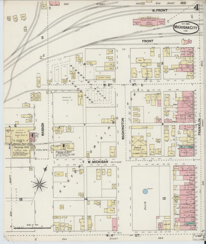 Sanborn Fire Insurance Map from Michigan City, La Porte County, Indiana (1889), Sheet #0004 - Historic Sanborn Fire Insurance Map Print, vintage old map wall art, antique decor, genealogy gift, Michigan Michigan map
