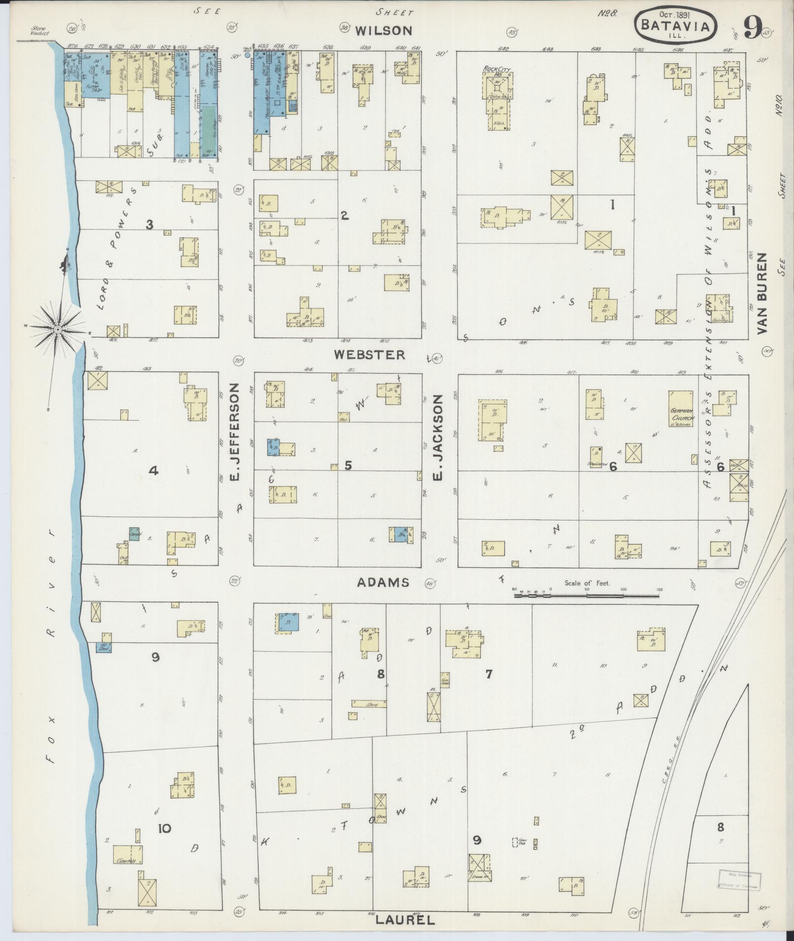 Sanborn Fire Insurance Map from Batavia, Kane County, Illinois (1891), Sheet #0009 - Complete Map Set gallery image, historic Sanborn map, vintage wall art, Illinois Illinois