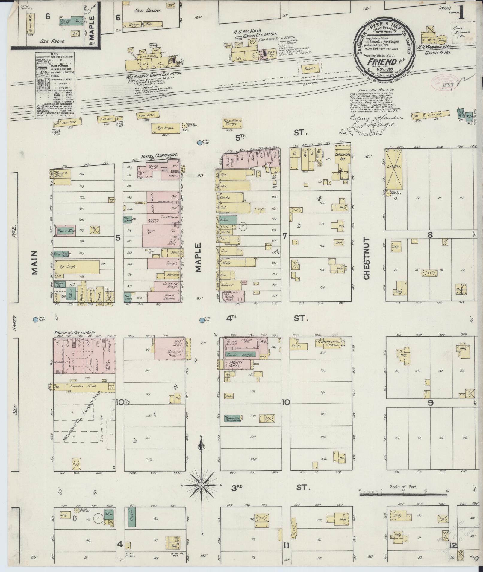 Sanborn Fire Insurance Map from Friend, Saline County, Nebraska (1889), Sheet #0001 - Historic Sanborn Fire Insurance Map Print, vintage old map wall art, antique decor, genealogy gift, Nebraska Nebraska map