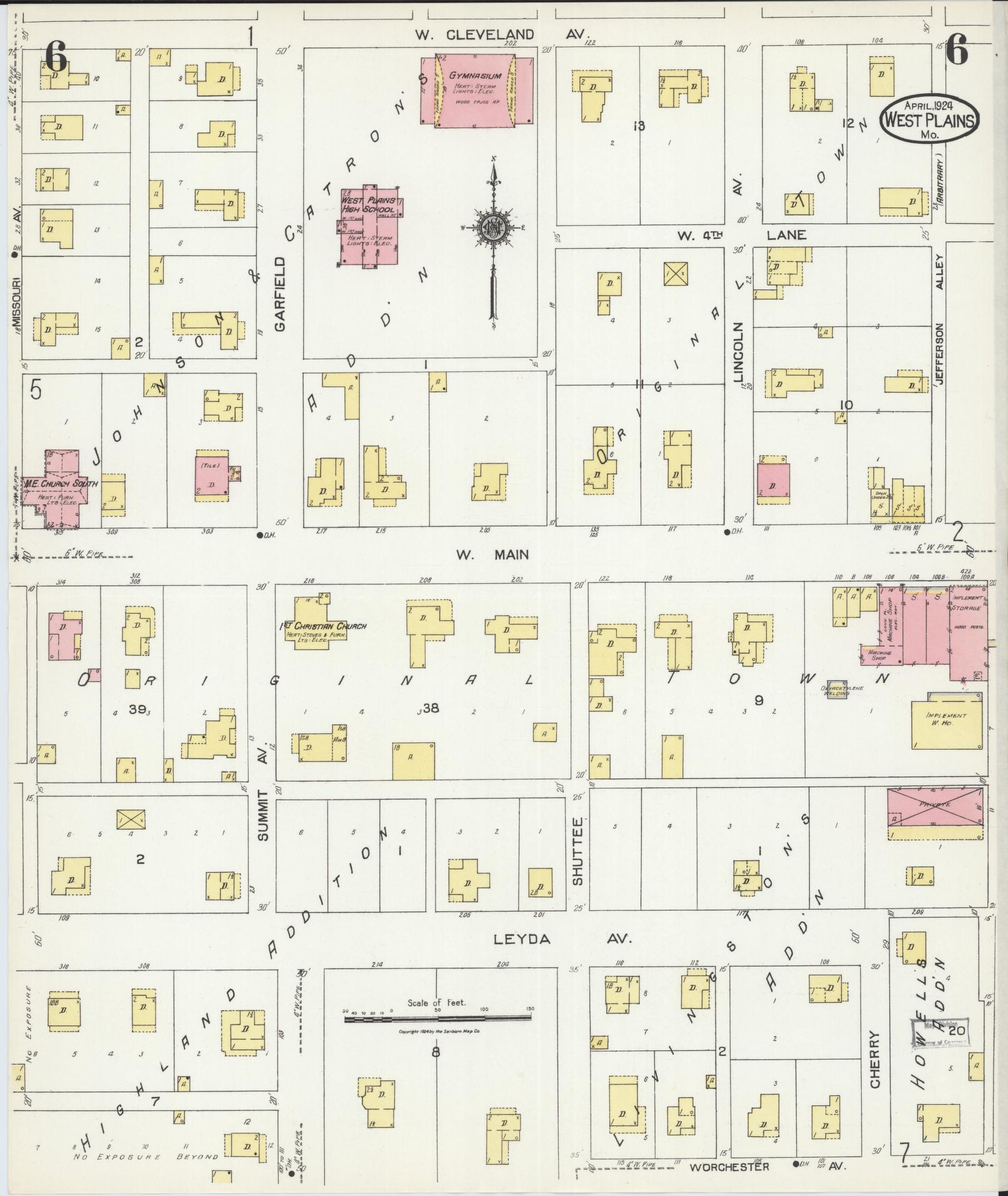 Sanborn Fire Insurance Map from West Plains, Howell County, Missouri (1924), Sheet #0006 - Complete Map Set gallery image, historic Sanborn map, vintage wall art, Missouri Missouri