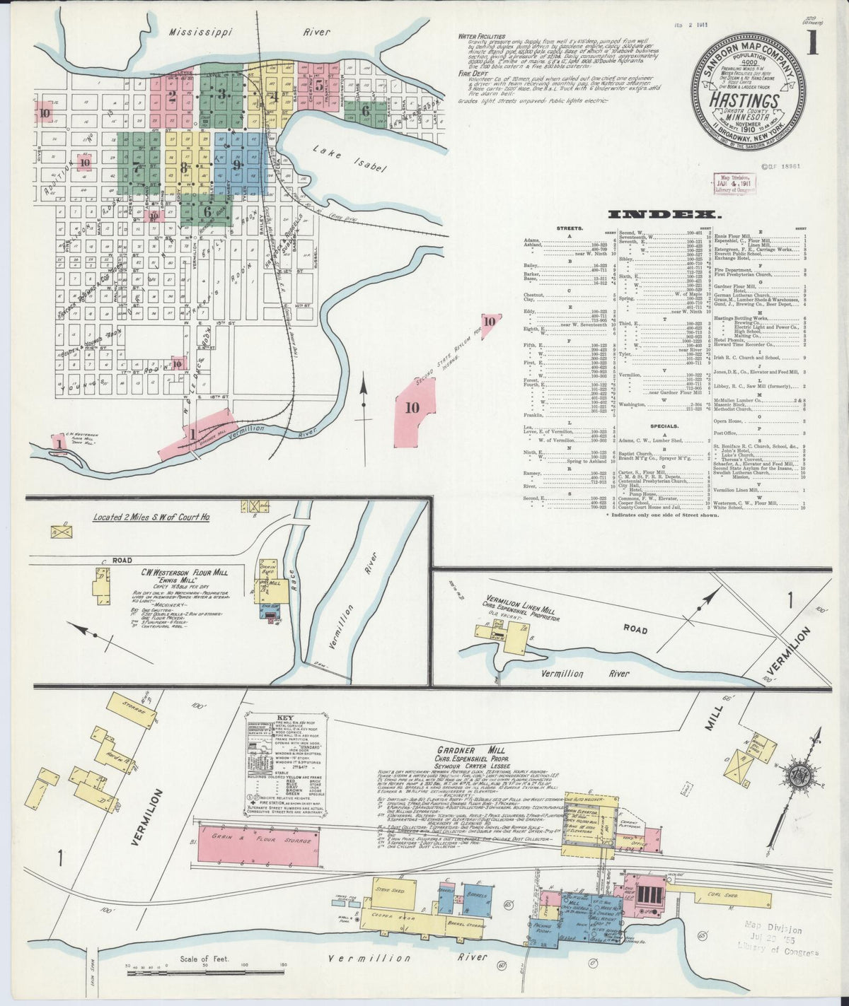 Sanborn Fire Insurance Map from Hastings, Dakota County, Minnesota (1910), Sheet #0001 - Historic Sanborn Fire Insurance Map Print, vintage old map wall art, antique decor, genealogy gift, Minnesota Minnesota map