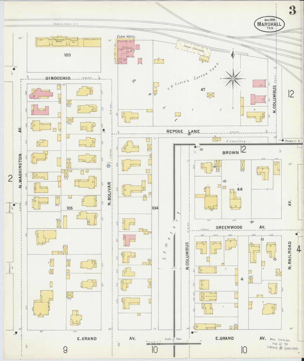 Sanborn Fire Insurance Map from Marshall, Harrison County, Texas (1899), Sheet #0003 - Complete Map Set gallery image, historic Sanborn map, vintage wall art, Texas Texas