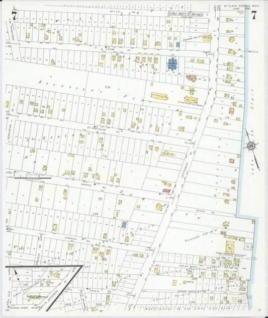 Sanborn Fire Insurance Map from Saint Clair Shores, Macomb County, Michigan (1933), Sheet #0007 - Historic Sanborn Fire Insurance Map Print, vintage old map wall art, antique decor, genealogy gift, Michigan Michigan map