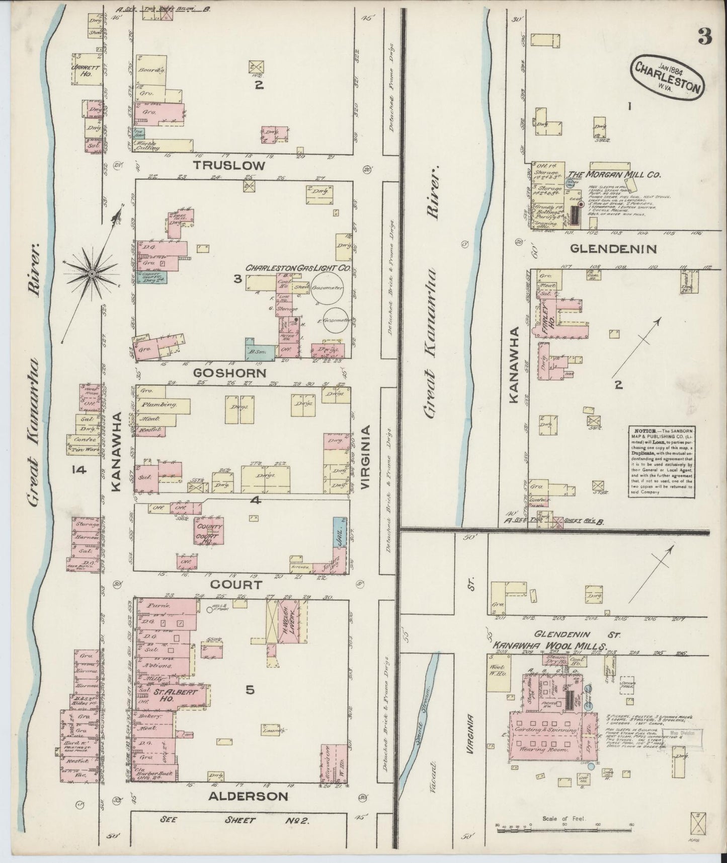 Sanborn Fire Insurance Map from Charleston, Kanawha County, West Virginia (1884), Sheet #0003 - Complete Map Set gallery image, historic Sanborn map, vintage wall art, West Virginia West Virginia