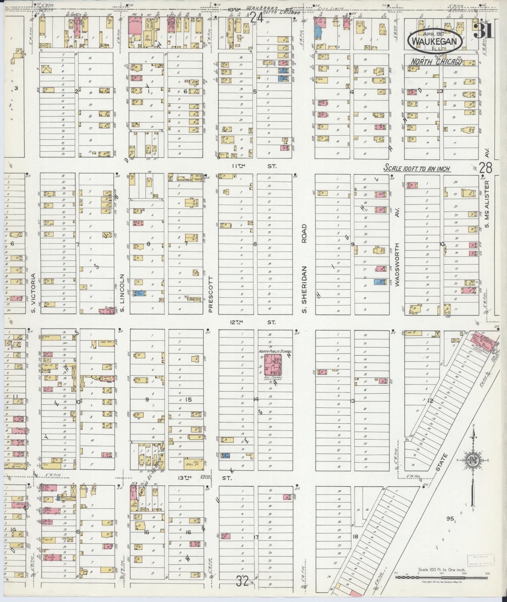 Sanborn Fire Insurance Map from Waukegan, Lake County, Illinois (1917), Sheet #0031 - Complete Map Set gallery image, historic Sanborn map, vintage wall art, Illinois Illinois