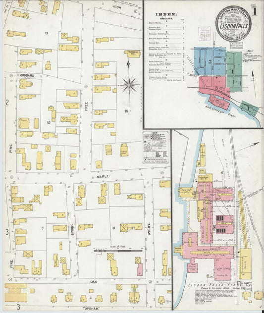 Sanborn Fire Insurance Map from Lisbon Falls, Androscoggin County, Maine (1903), Sheet #0001 - Historic Sanborn Fire Insurance Map Print, vintage old map wall art, antique decor, genealogy gift, Maine Maine map