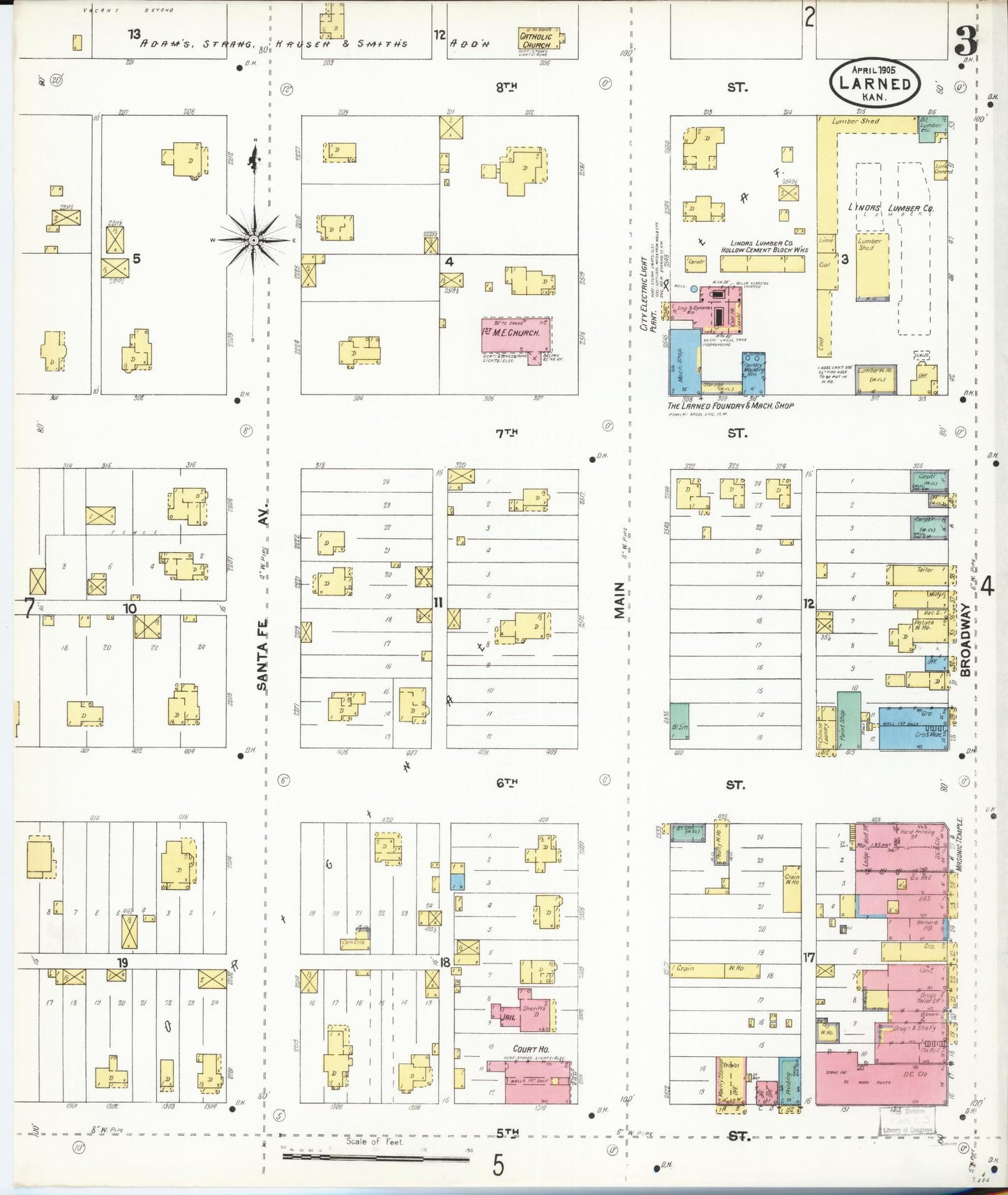 Sanborn Fire Insurance Map from Larned, Pawnee County, Kansas (1905), Sheet #0003 - Complete Map Set gallery image, historic Sanborn map, vintage wall art, Kansas Kansas