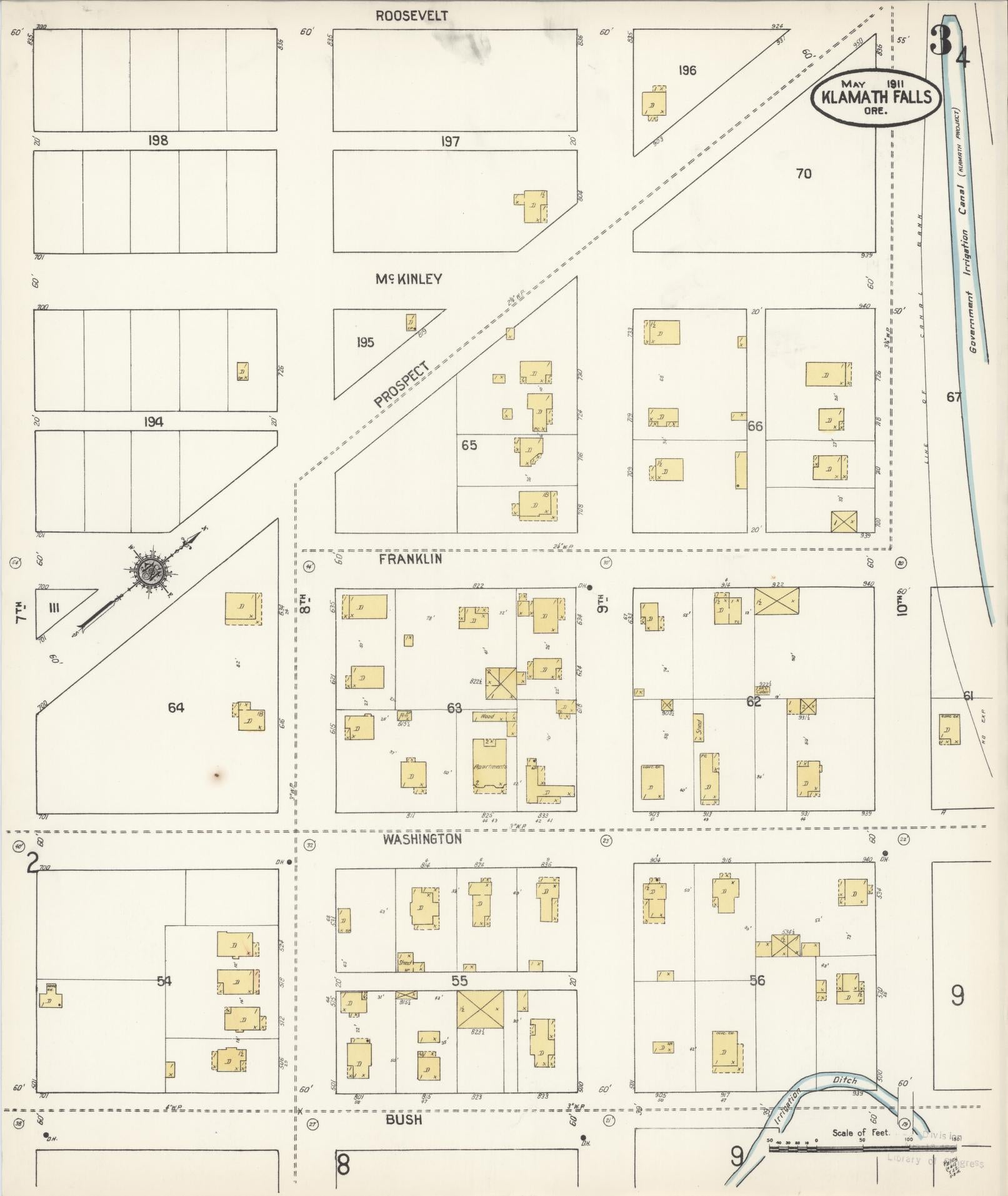 Sanborn Fire Insurance Map from Klamath Falls, Klamath County, Oregon (1911), Sheet #0003 - Historic Sanborn Fire Insurance Map Print, vintage old map wall art, antique decor, genealogy gift, Oregon Oregon map