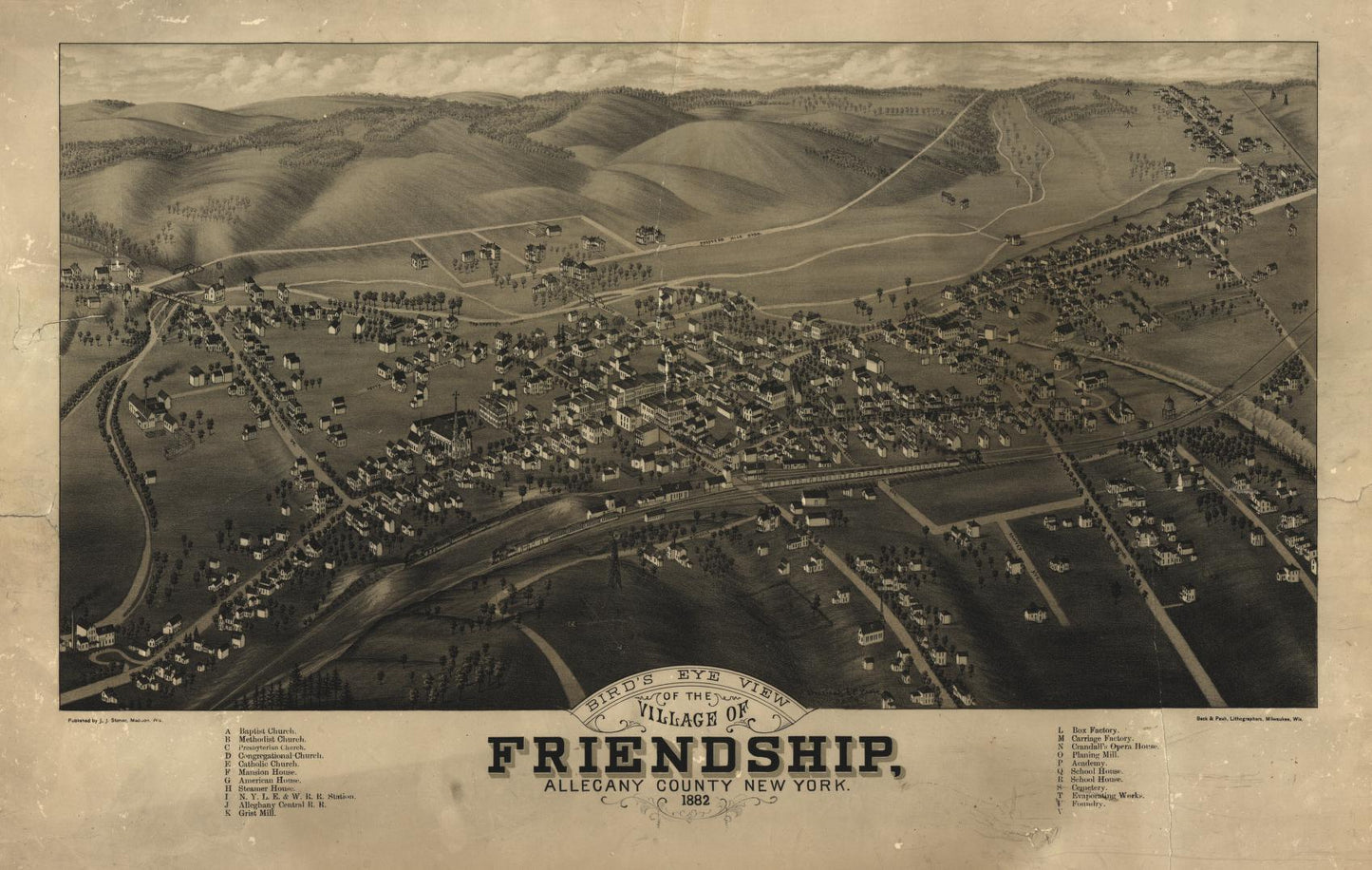 Bird's eye view of the village of Friendship, Allegany County, New York : 1882 (1882) – Historic Bird’s-Eye View Panorama Print