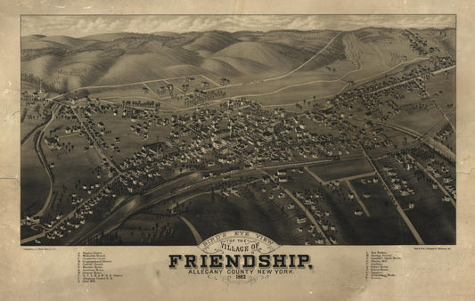 Bird's eye view of the village of Friendship, Allegany County, New York : 1882 (1882) – Historic Bird’s-Eye View Panorama Print
