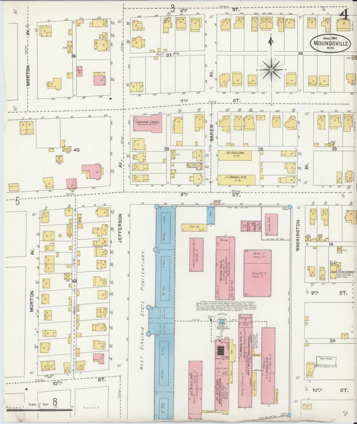 Sanborn Fire Insurance Map from Moundsville, Marshall County, West Virginia (1904), Sheet #0004 - Complete Map Set gallery image, historic Sanborn map, vintage wall art, West Virginia West Virginia