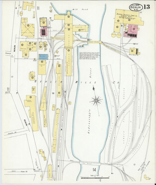Sanborn Fire Insurance Map from Berlin, Coos County, New Hampshire (1909), Sheet #0013 - Historic Sanborn Fire Insurance Map Print, vintage old map wall art, antique decor, genealogy gift, New Hampshire New Hampshire map