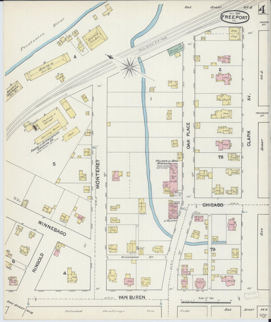 Sanborn Fire Insurance Map from Freeport, Stephenson County, Illinois (1890), Sheet #0004 - Historic Sanborn Fire Insurance Map Print, vintage old map wall art, antique decor, genealogy gift, Illinois Illinois map
