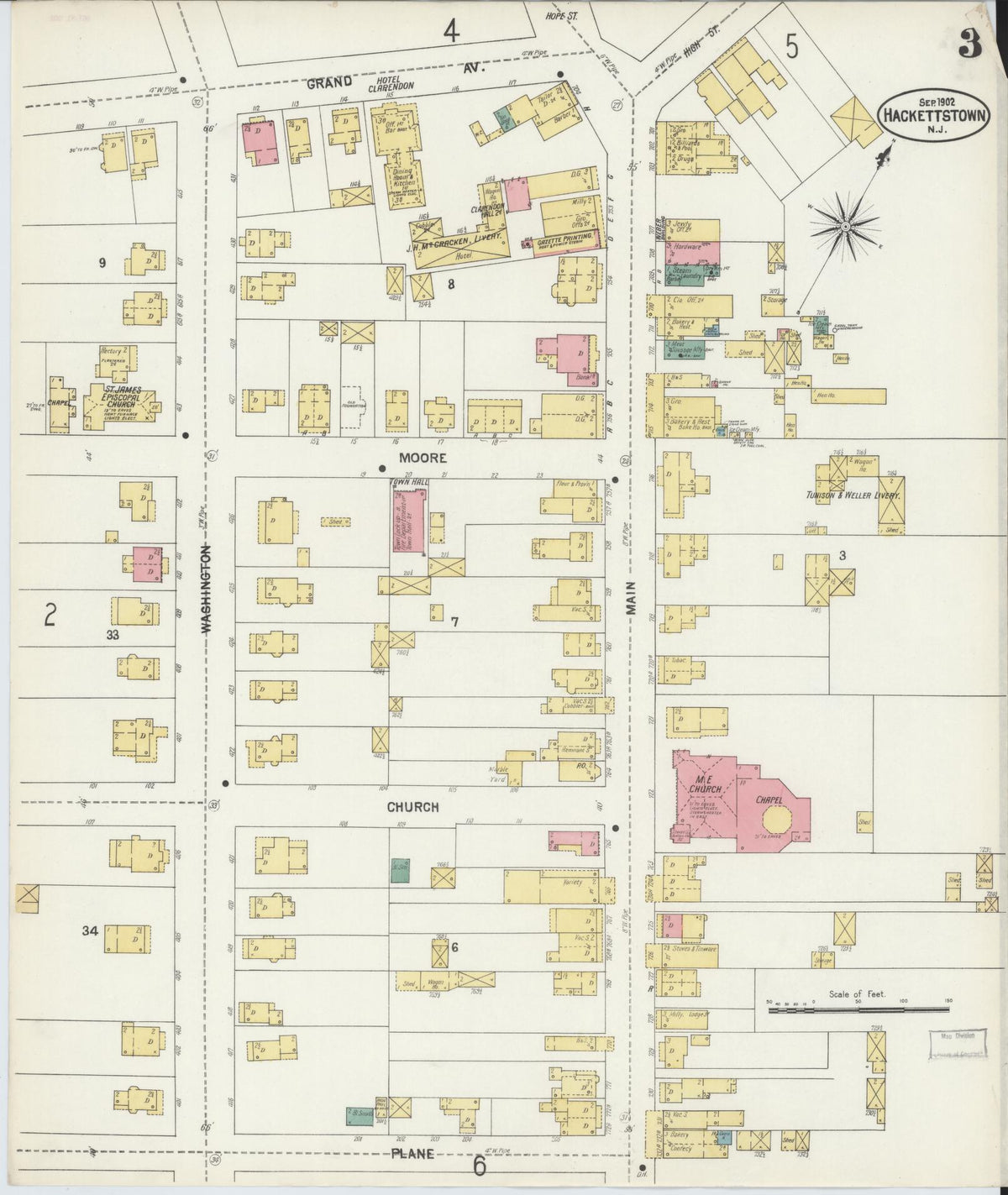Sanborn Fire Insurance Map from Hackettstown, Warren County, New Jersey (1902), Sheet #0003 - Historic Sanborn Fire Insurance Map Print, vintage old map wall art, antique decor, genealogy gift, New Jersey New Jersey map