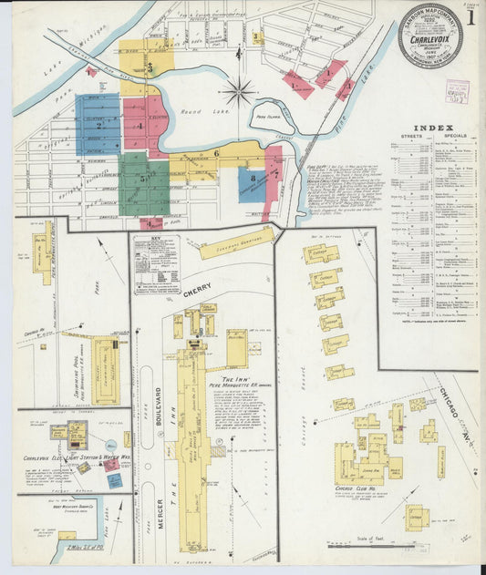 Sanborn Fire Insurance Map from Charlevoix, Charlevoix County, Michigan (1907), Sheet #0001 - Historic Sanborn Fire Insurance Map Print, vintage old map wall art, antique decor, genealogy gift, Michigan Michigan map