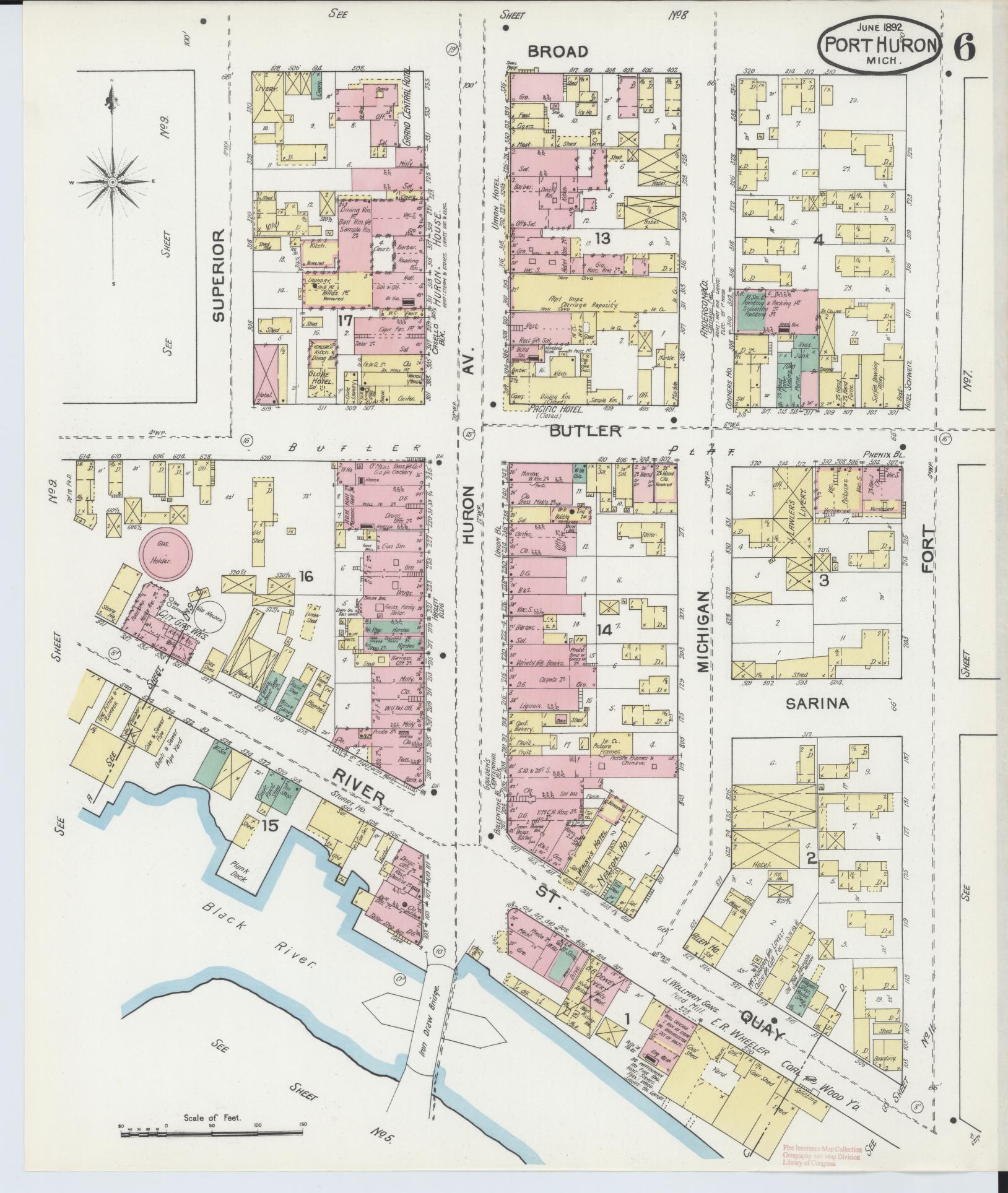 Sanborn Fire Insurance Map from Port Huron, Saint Clair County, Michigan (1892), Sheet #0006 - Complete Map Set gallery image, historic Sanborn map, vintage wall art, Michigan Michigan