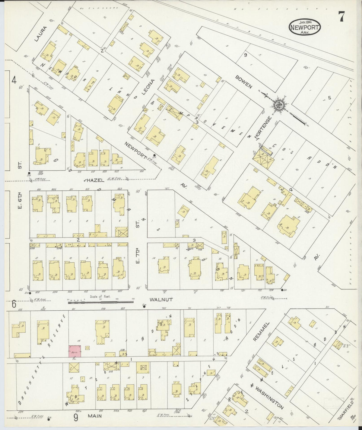 Sanborn Fire Insurance Map from Newport, Jackson County, Arkansas (1914), Sheet #0007 - Complete Map Set gallery image, historic Sanborn map, vintage wall art, Arkansas Arkansas